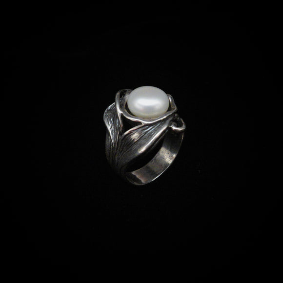 Vintage Style New Sterling Silver Israel Ornate Modernist Wide Band Pearl Ring