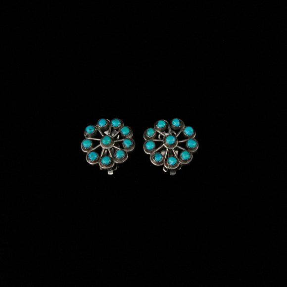 Zuni Old Pawn Native American Snake Eye Turquoise Sterling Silver Clip On Earrings