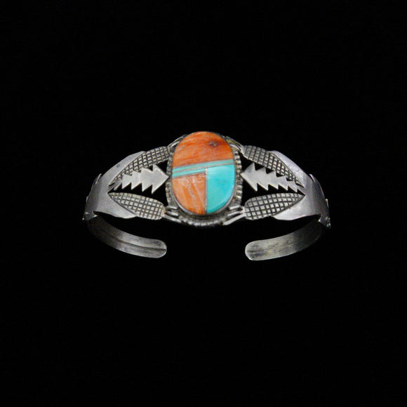 Navajo Native American Silver Corn Arrow Turquoise & Spiny Oyster Bracelet