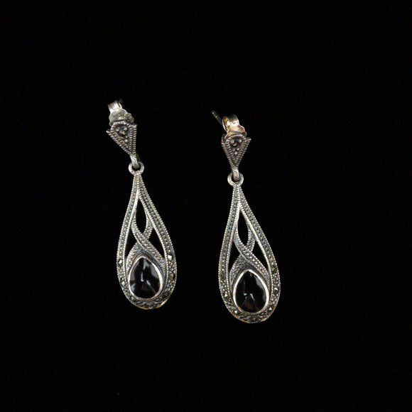 Vintage Sterling Silver Black Onyx Teardrop Marcasite Earrings