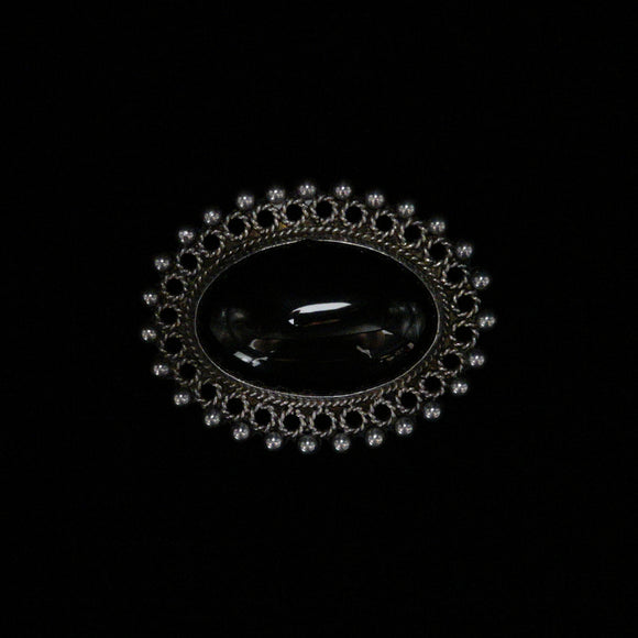 Mexican Vintage Sterling Silver Oval Black Onyx Brooch