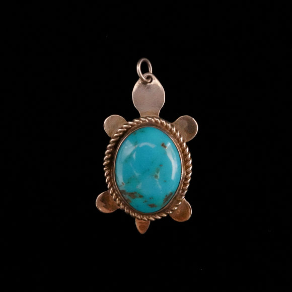 Old Pawn Native American Navajo Silver Turquoise Turtle Pendant