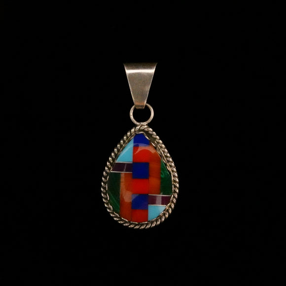 Vintage Sterling Silver Native American Inlay Semi-precious Gemstones Teardrop Pendant