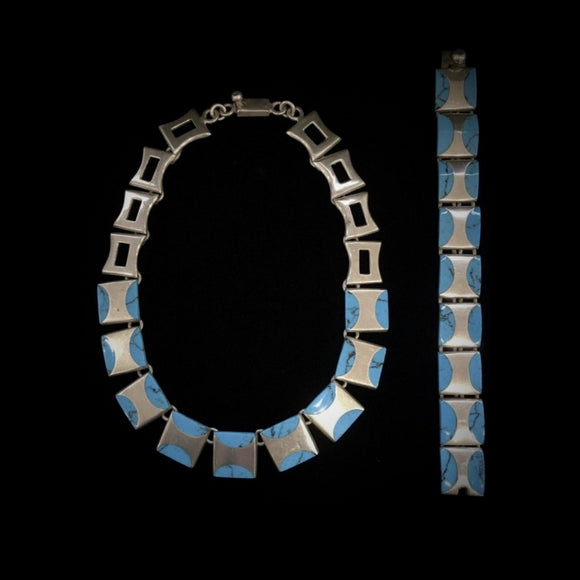 メキシコ シルバー ヴィンテージ ヘビー ターコイズ セット ブレスレット & ネックレス