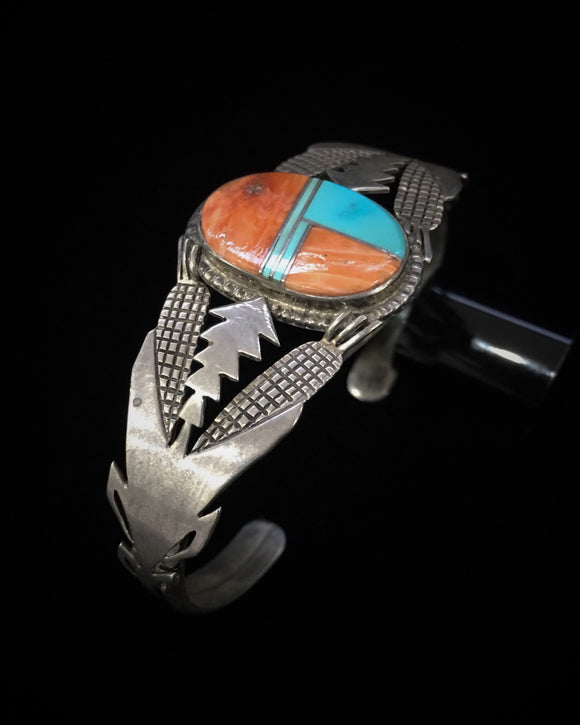 Navajo Native American Silver Turquoise & Spiny Oyster Bracelet