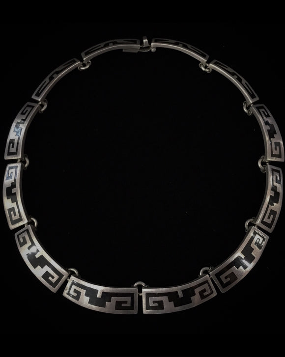 Mexican Silver Vintage Heavy Aztec Black Onyx Necklace