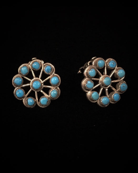 Zuni Old Pawn Native American Snake Eye Turquoise Sterling Silver Clip On Earrings