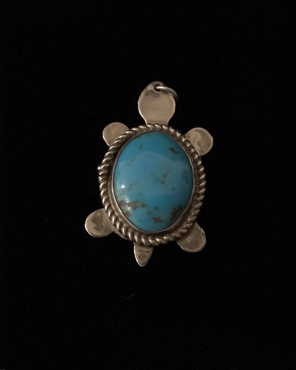 Old Pawn Native American Navajo Silver Turquoise Turtle Pendant