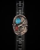Vintage Navajo Mens Eagle Turquoise & Coral Silver Ring