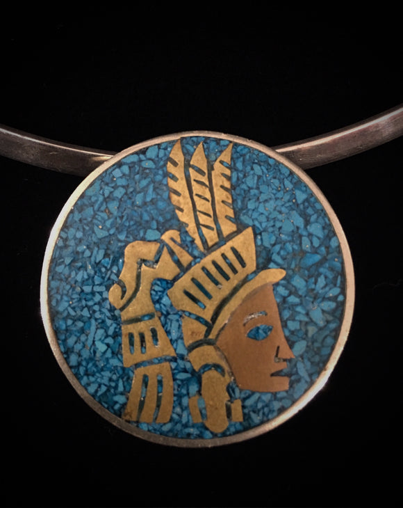 Broche y colgante de latón de cobre turquesa vintage de plata mexicana