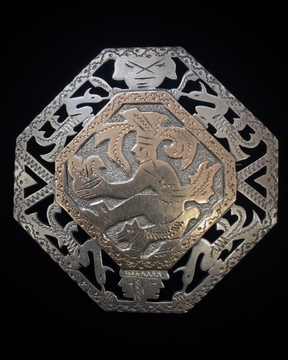 Vintage Guatemala Mayan Silver & Gold Brooch & Pendant